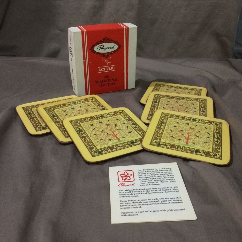 Vintage 80s Pimpernel Acrylic Coasters Set Of 6 Tree Of Life Bird Theme, Box 4"